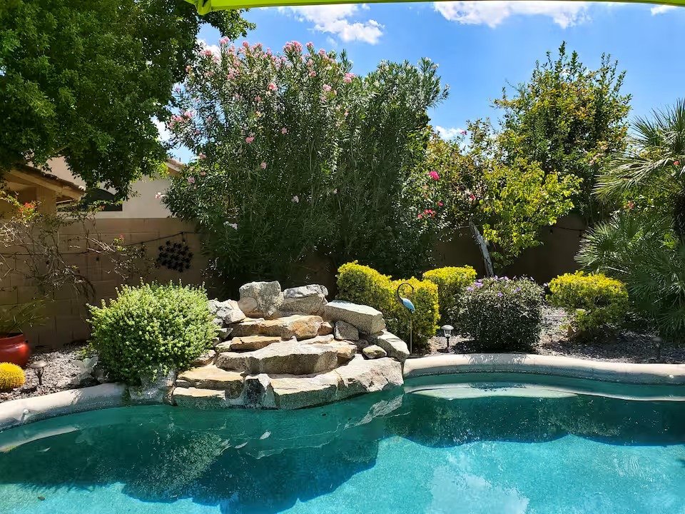 Outdoor fire pit and sun loungers in the landscaped backyard